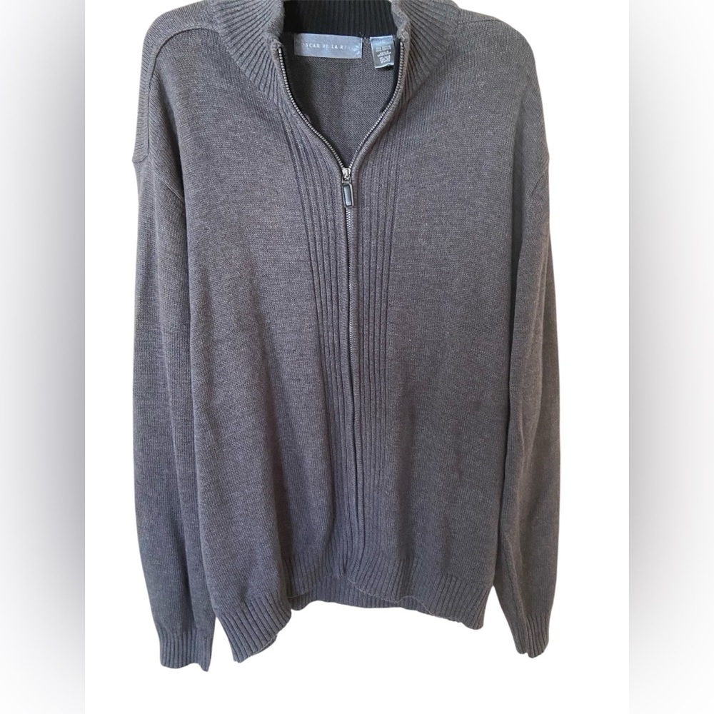 Oscar De La Renta full zipper XXL Cotton blend gray sweater, Fall trend